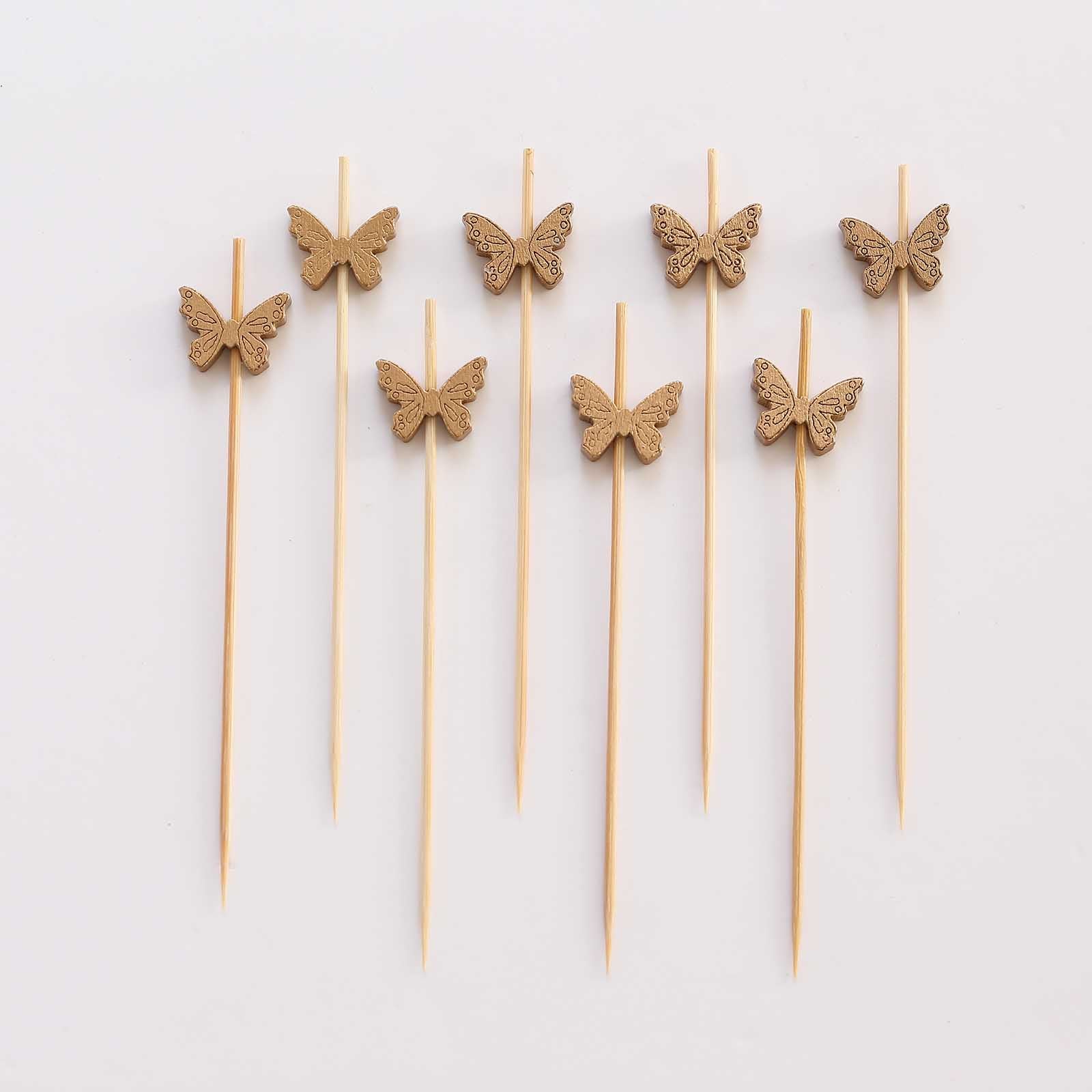 100-Pack Natural Bamboo Skewers 5", Butterfly Design Biodegradable Cocktail Sticks - Eco Friendly Party Picks - Pack of 100 Picks